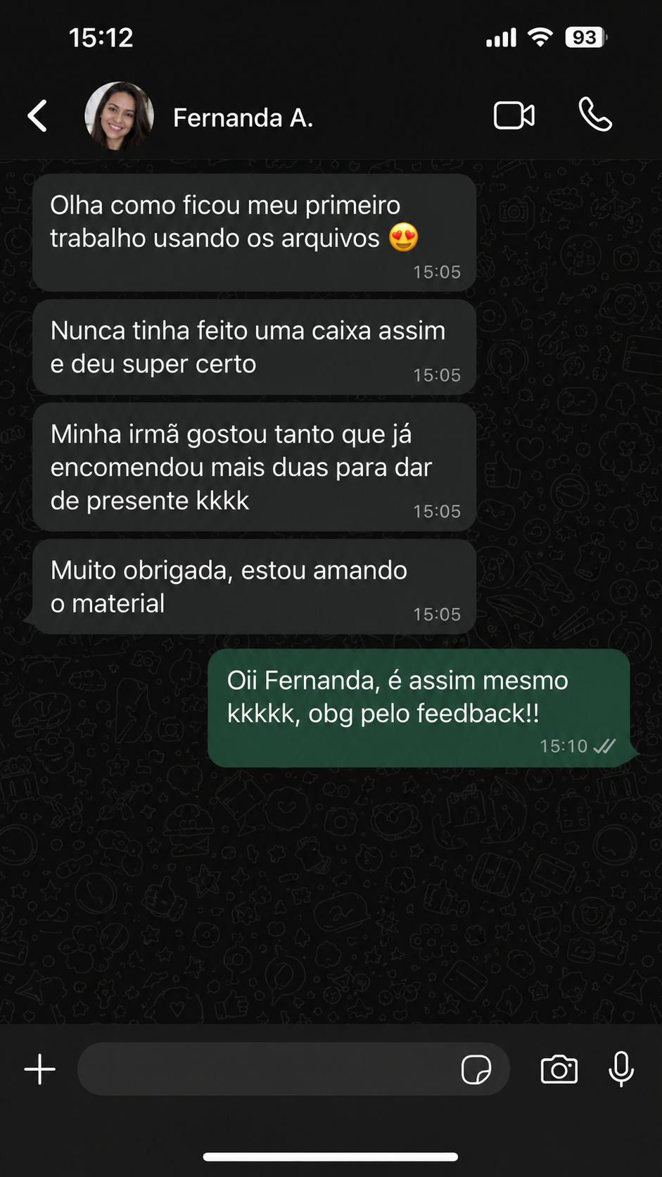 Conversa de WhatsApp com Fernanda A. mostrando a primeira caixa feita com os arquivos